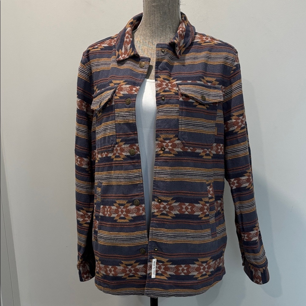 Passenger Brown Blue Aztec Shirt Jacket Snap Front Shacket Size Large - Picture 2 of 15